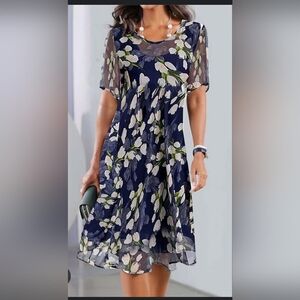 Floral Chiffon Dress - Navy and Green